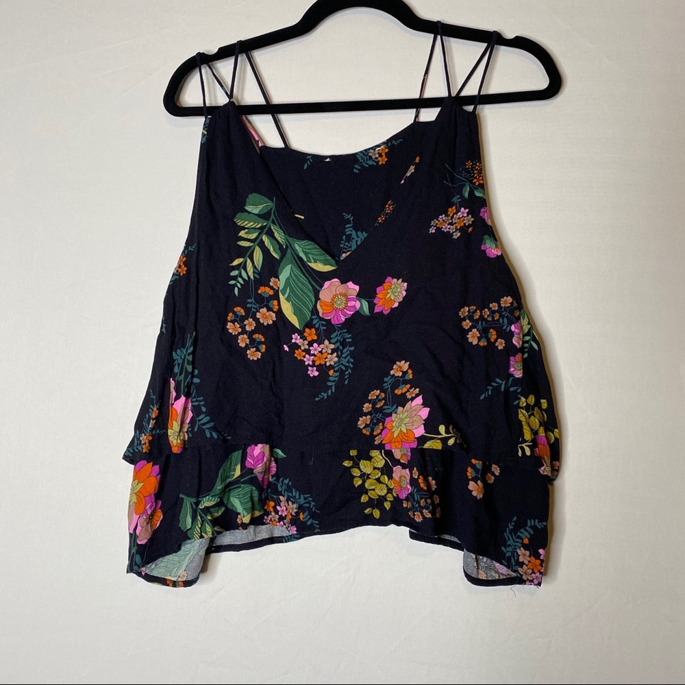Floral Ruffle Black Tank Top Tropical Double Strap